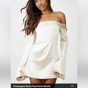 champagne satin pleat detail bardot flared sleeve shift dress Callie Dress in Champagne Satin